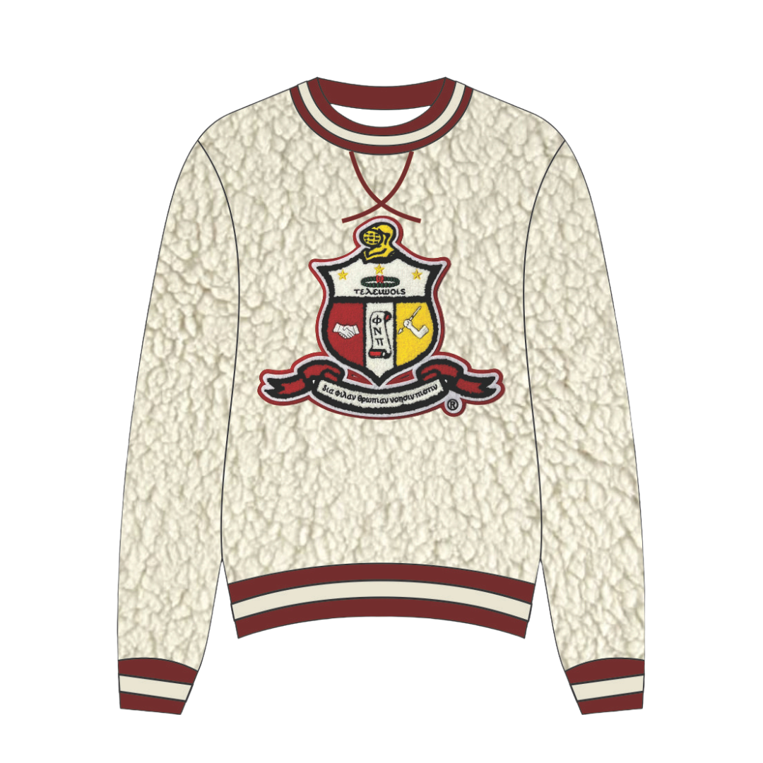 Cream Fuzzy Sherpa Crewneck Sweatshirt with Kappa Alpha Psi Crest Chenille and Crimson Knit Trim