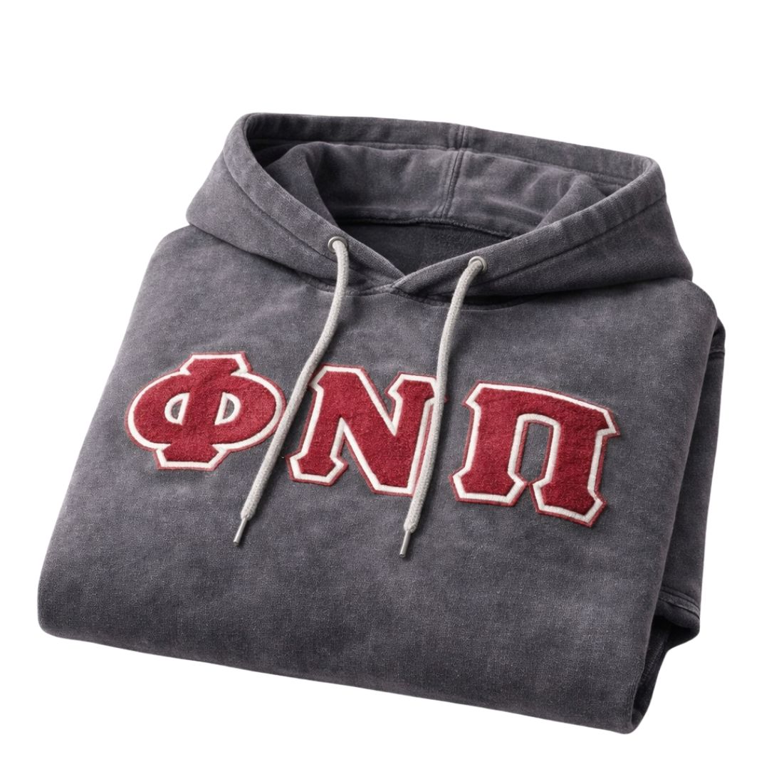 Phi Nu Pi Chenille Black Acid Washed Denim Hoodie