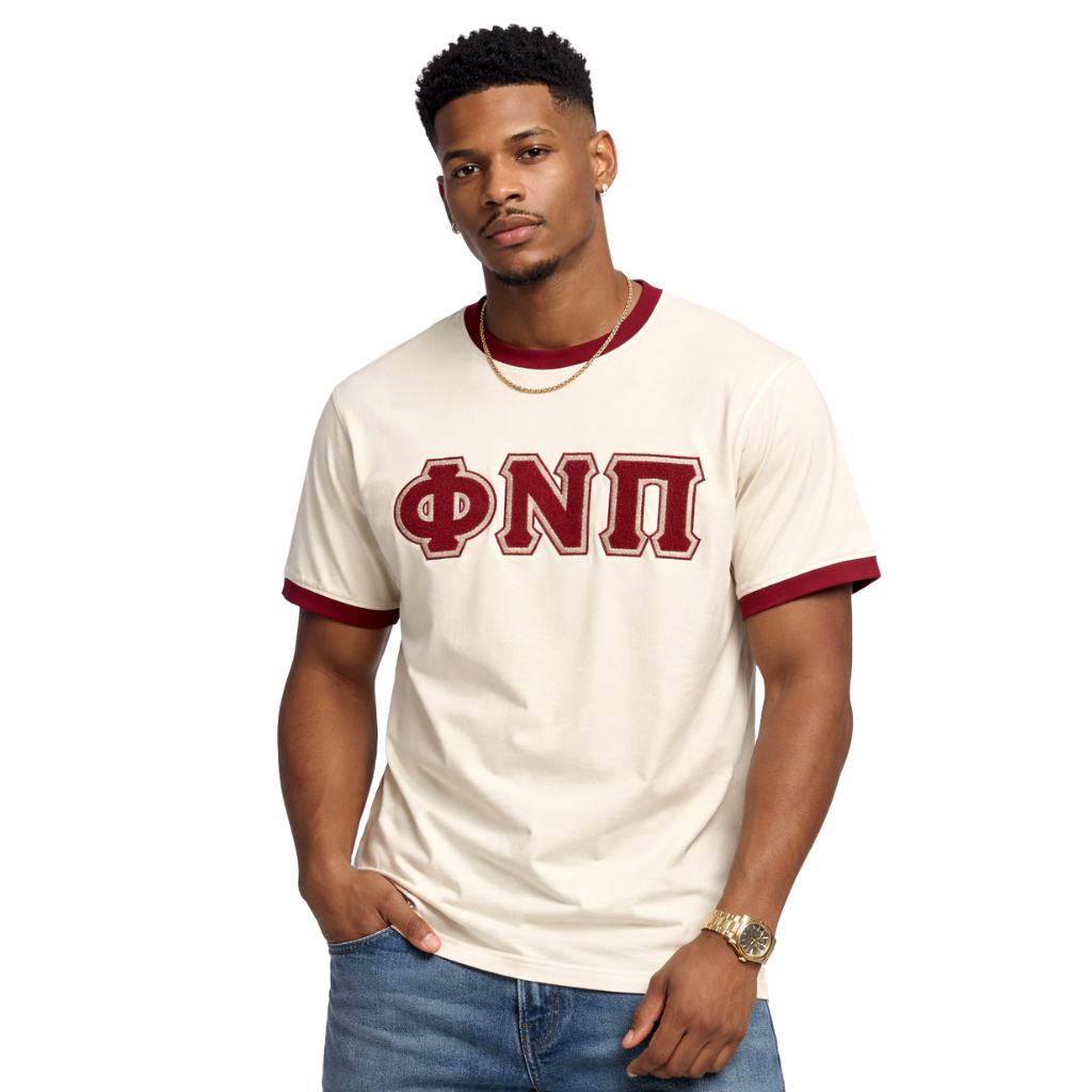 Phi Nu Pi Premium Kream Chenille Letter Ringer T-Shirt