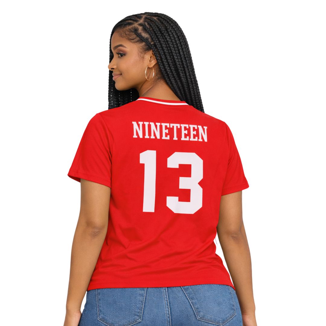 DST Oversized Chenille Football Jersey Tee Red