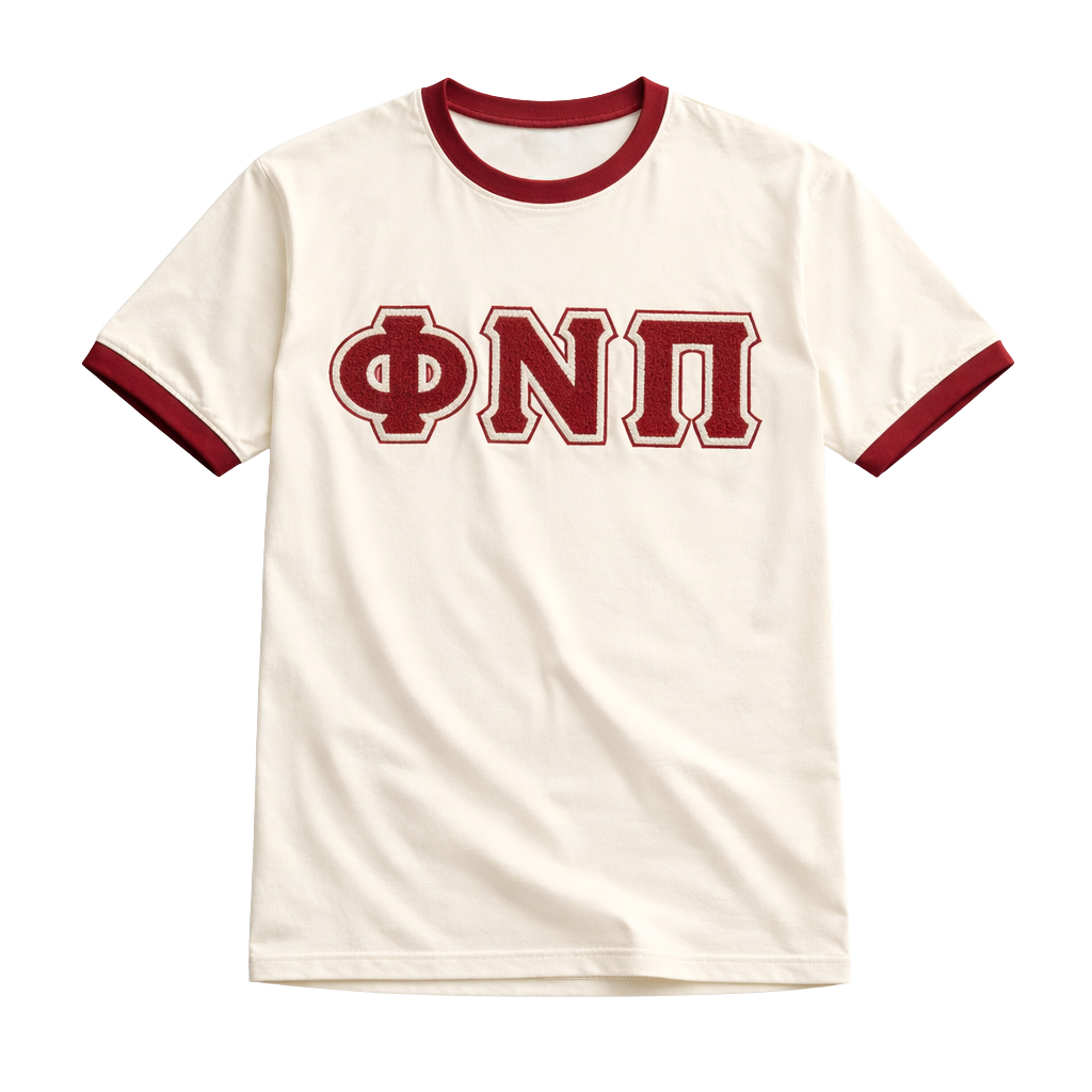 Phi Nu Pi Premium Kream Chenille Letter Ringer T-Shirt